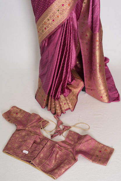 Indrani | Purplish Pink Semi Mashru Banarasi Saree | Pre-Stitched Size 36 Blouse image 1
