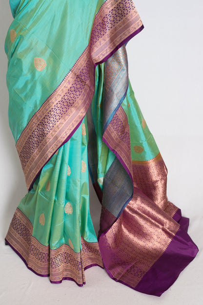 Sea Green and Royal Purple Banarasi saree — pallu view