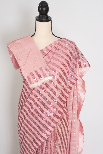 Afrin | Pink Soft Net Sequin Saree | Linear Shimmer Stripe Patterns image 2