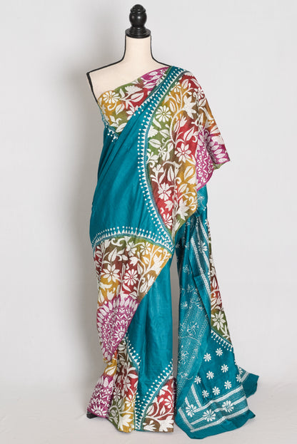 Ritaja : Teal Blue Hand-Dyed Tussar Silk Hand-Embroidered Kantha Stitch Saree image 0