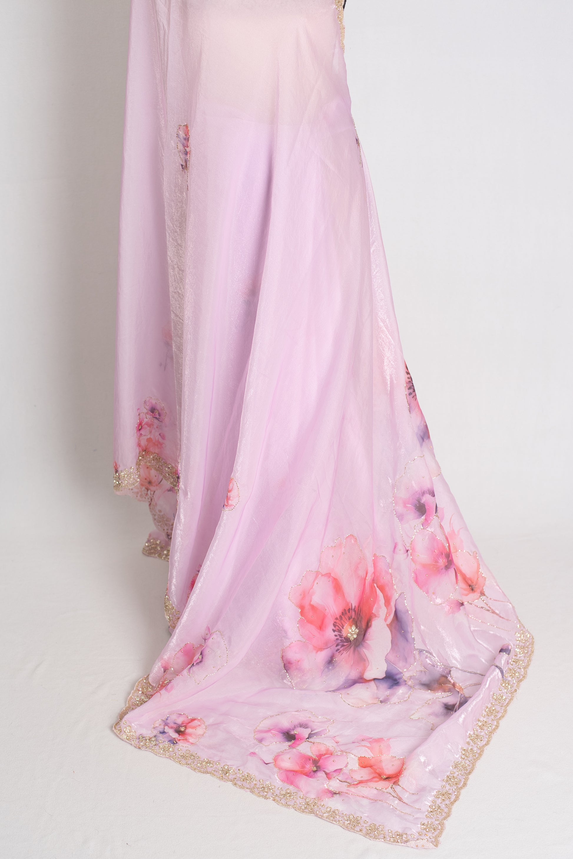 Ishq : Lavender Printed Glass Tissue Saree with Hand Embroidery Border image 3