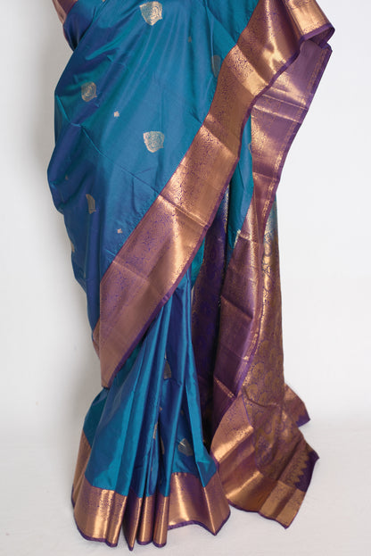 Nithya : Peacock Blue & Purple Contrast Semi Silk Kanjivaram Saree image 6