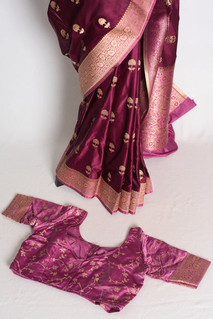Ritaja : Deep Wine and Pink Semi Mashru Banarasi Silk Saree with 42 Size Blouse image 2