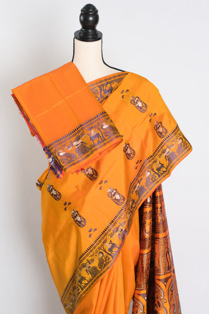 Bidisha : Traditional Baluchari Silk Saree from Bengal in Orange image 2