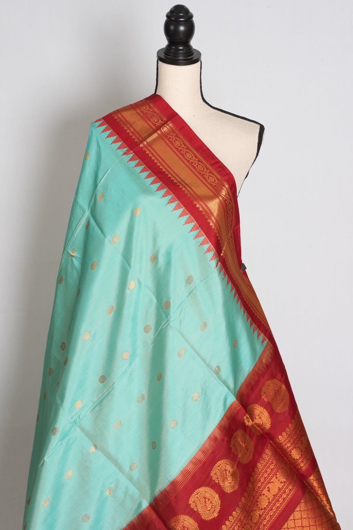 Shreya : Sea Blue & Red Handwoven Pure Gadwal Silk Saree with Stitched Blouse image 5