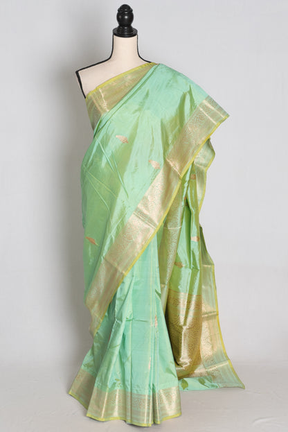 Sea Green and Gold Banarasi saree — view