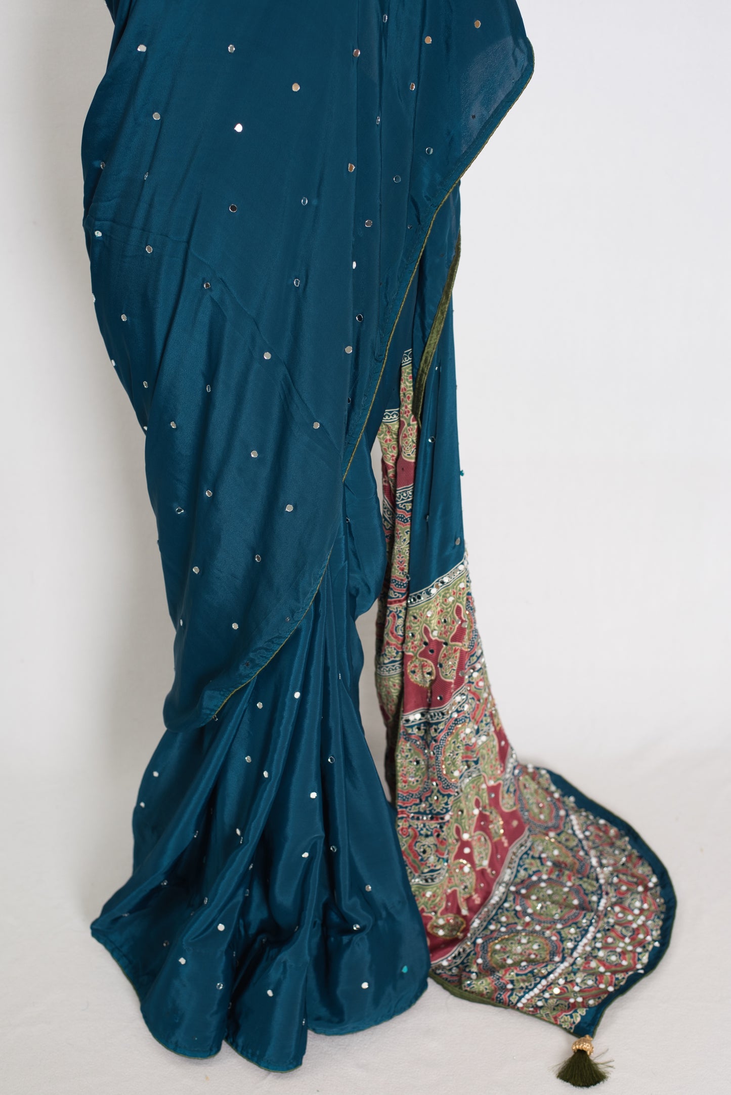 Ira | Teal Blue Mirror Work Partywear Saree | Ajrakh Printed Pallu & Blouse image 5