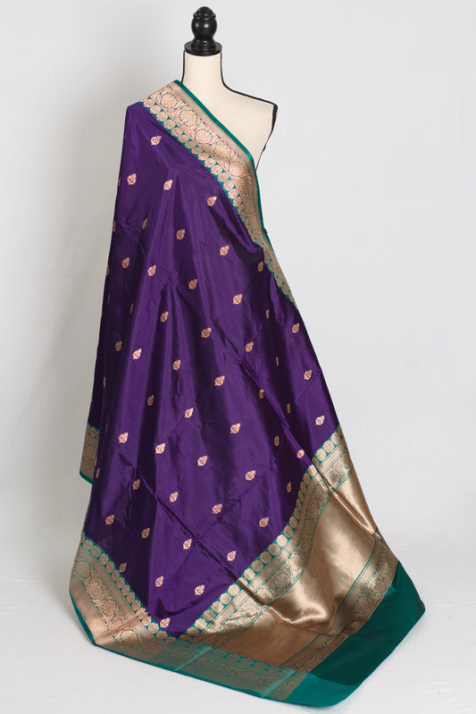 Gauri : Silk Mark Certified Katan Banarasi Saree in Purple and Green image 1