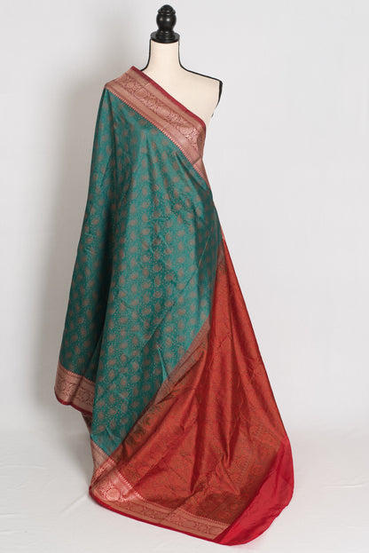 Barnali : Budget Friendly Green and Red Jamawar Banarasi Saree in Blended Silk image 1