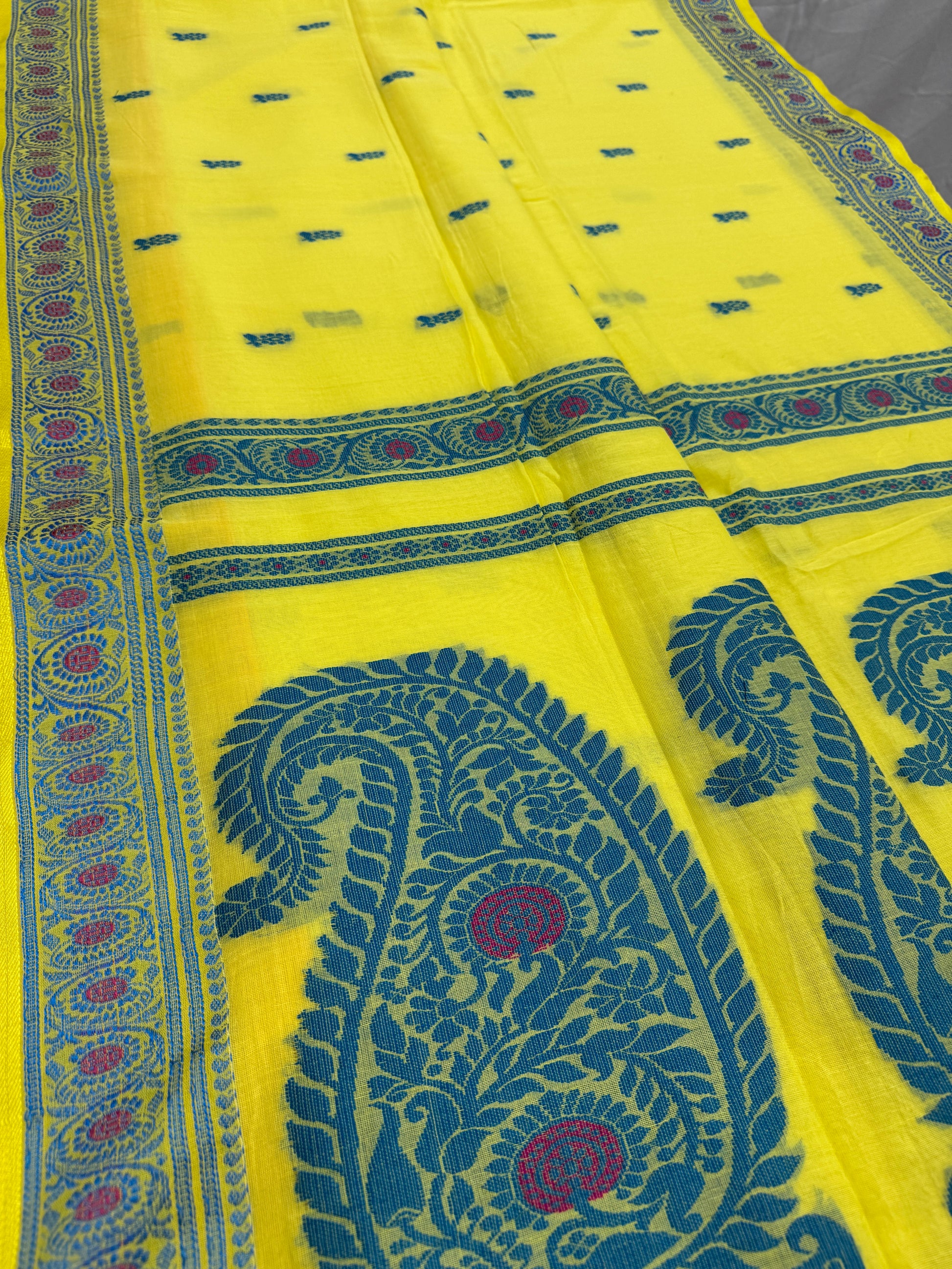 Sejuti : Bright Yellow and Teal Cotton Baluchari Saree image 7