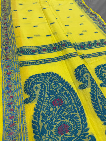 Sejuti : Bright Yellow and Teal Cotton Baluchari Saree image 7