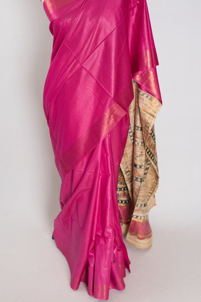 Tithi: Rani Pink Staple Tussar Saree | Hand-Painted Madhubani Pallu image 5