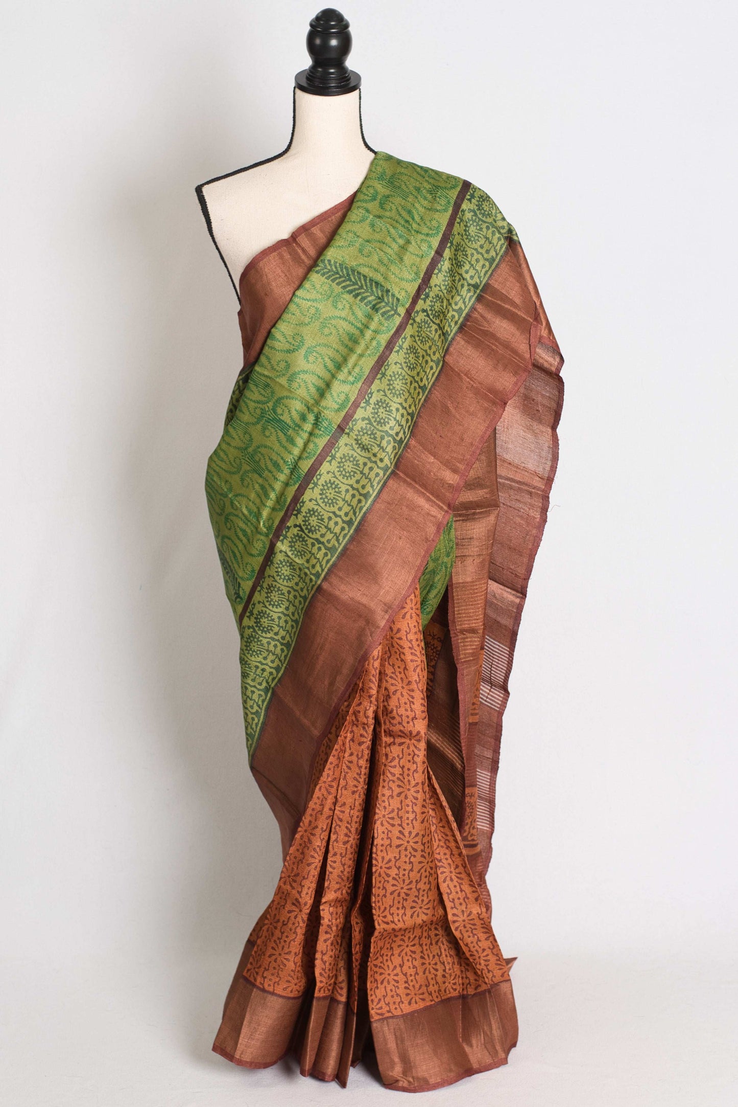 Supriya: Hand Block Printed Tussar Silk Saree in Half and Half Design image 0