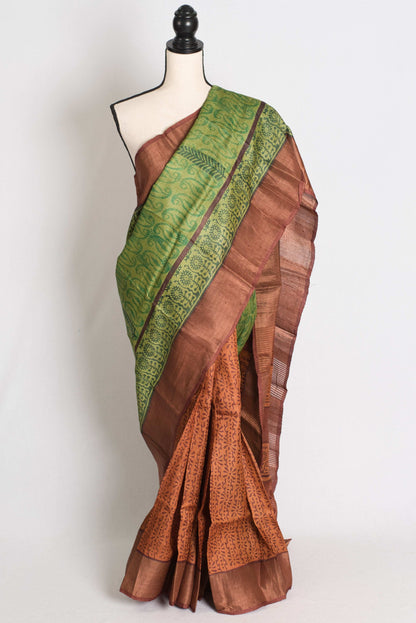 Supriya: Hand Block Printed Tussar Silk Saree in Half and Half Design image 0