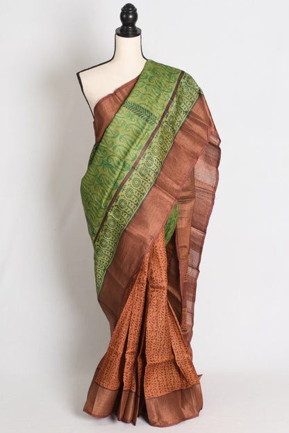 Supriya: Hand Block Printed Tussar Silk Saree in Half and Half Design image 0