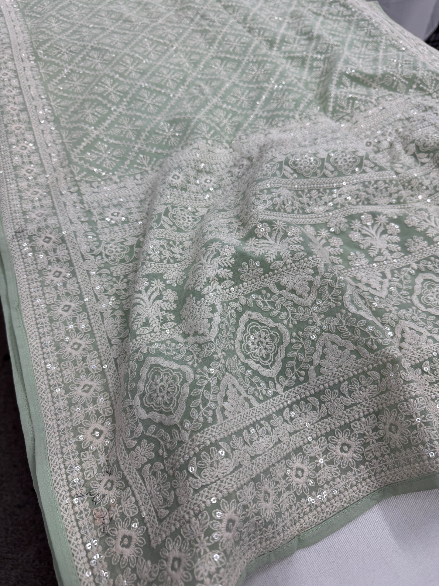 Meher - Pastel Sea Green Chikankari Embroidered Georgette Saree image 0