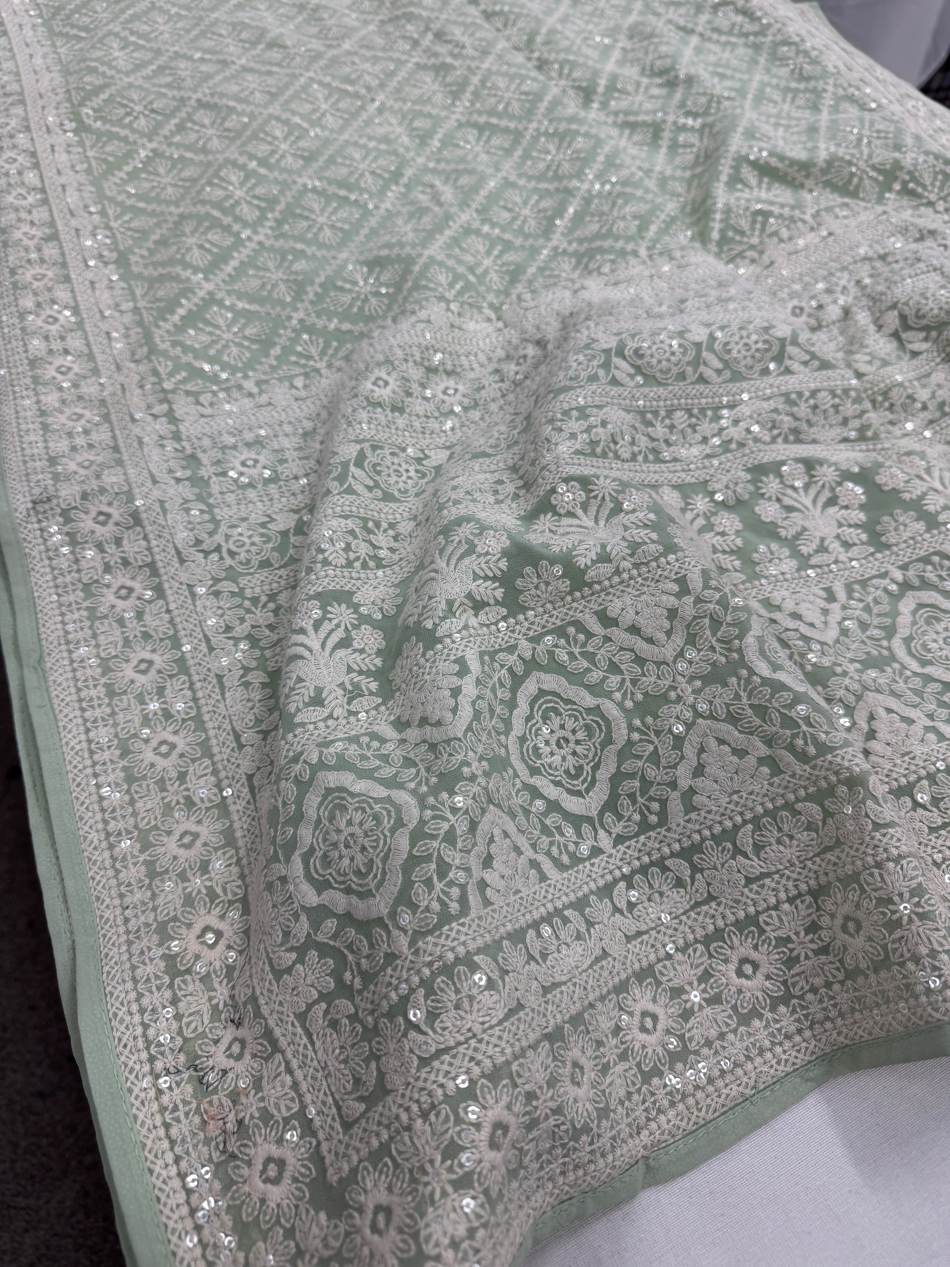 Meher - Pastel Sea Green Chikankari Embroidered Georgette Saree image 0