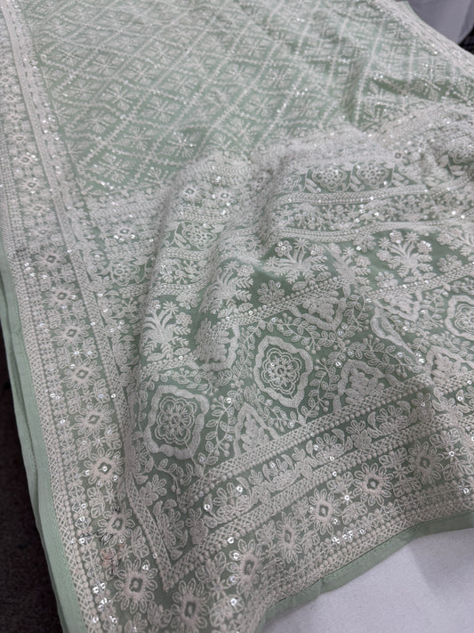 Meher - Pastel Sea Green Chikankari Embroidered Georgette Saree image 0