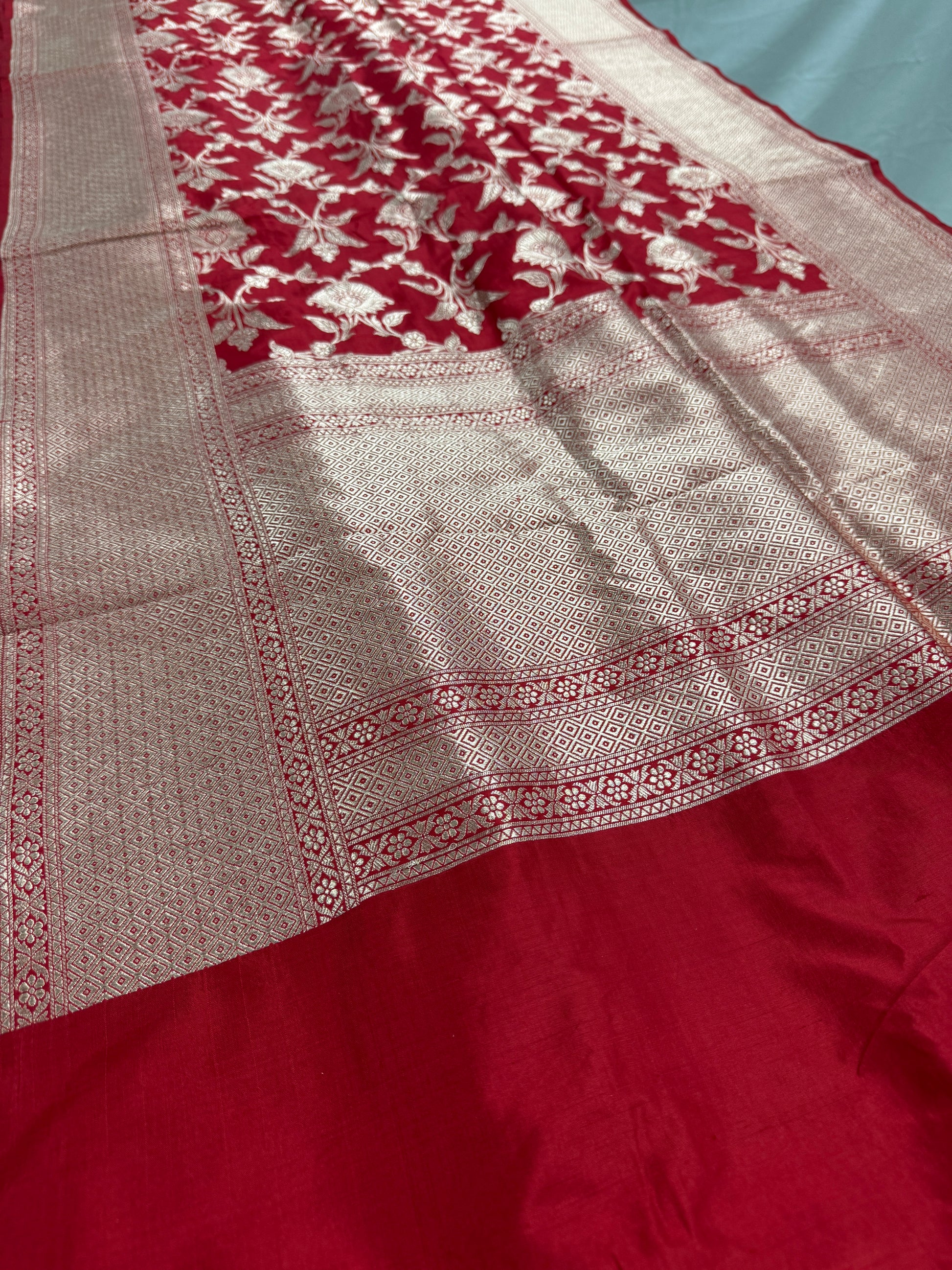 Rukhmani : Silk Mark Certified Bridal Jaal Banarasi Katan Silk Saree in True Red image 3
