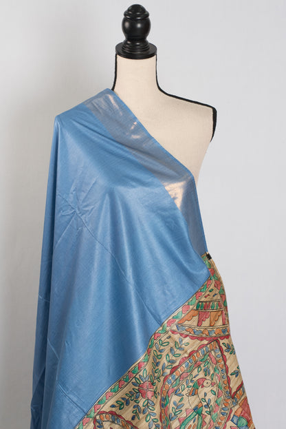 Shobha: Contemporary Blue StapleTussar Silk Saree | Hand-Painted Madhubani Pallu image 4
