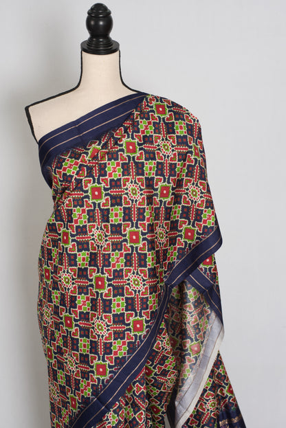 Leela : Navy Blue Ikkat Print Banarasi Silk Saree – with 36 Size Blouse image 6
