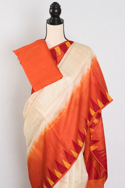 Kalpana: Cream & Orange Bengal Tussar Silk Saree | Silk Mark Certified image 2