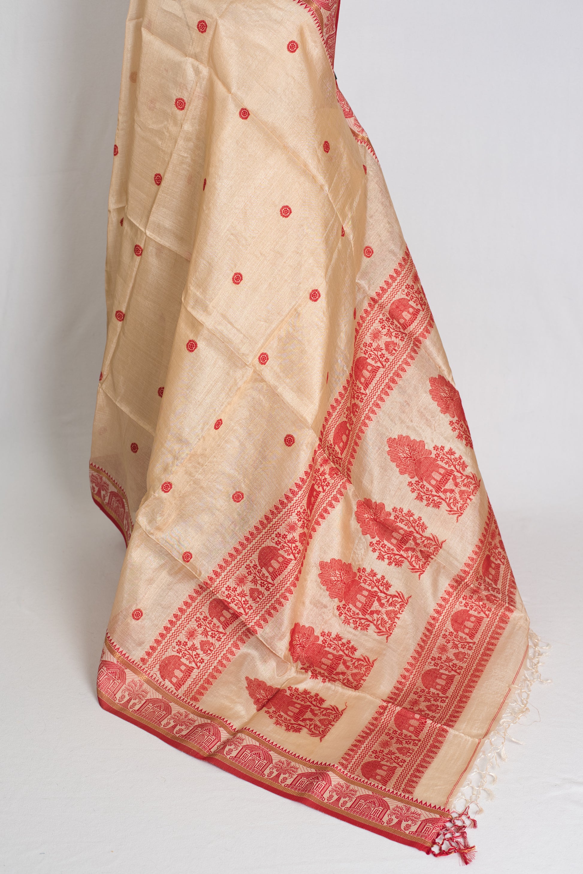 Lopamudra : Bengal Tussar Silk Saree in Beige and Red with Nakshi Border image 3