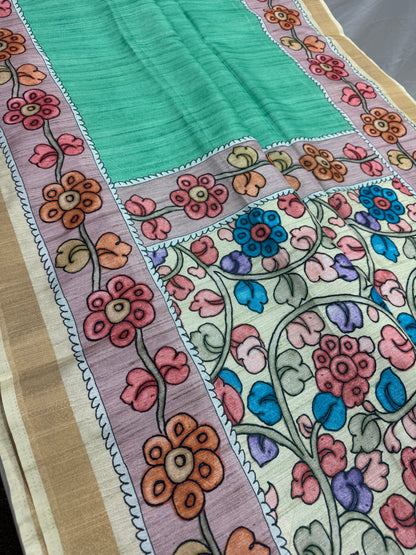 Lia | Sea Green & Off-White Semi Tussar Silk Saree | Floral Kalamkari Print image 0
