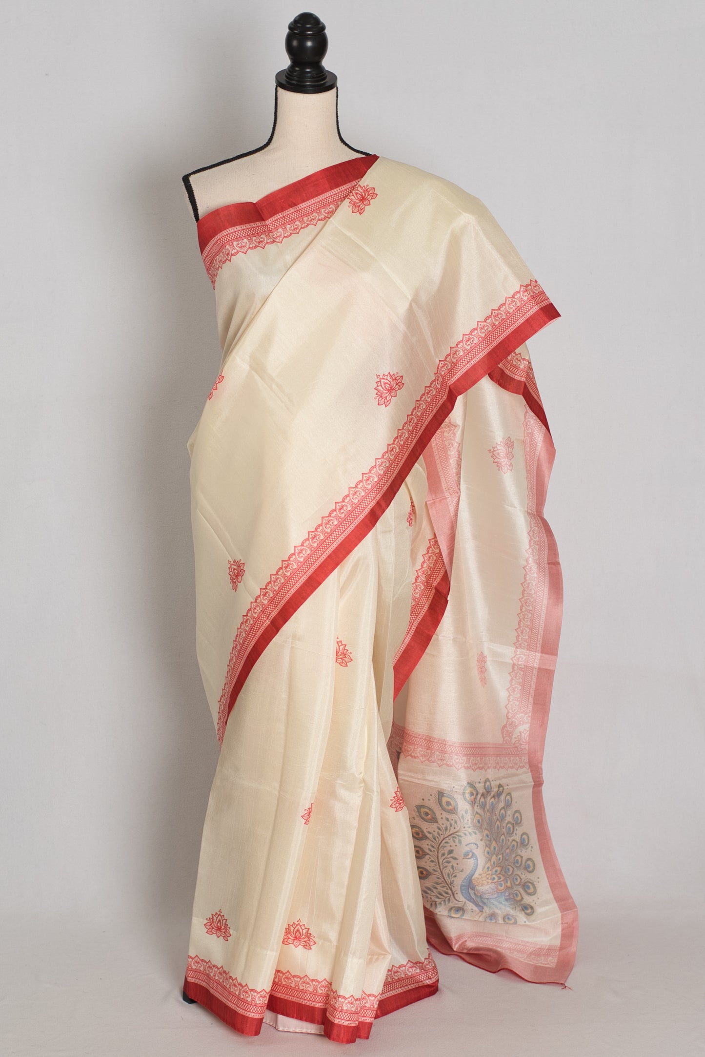 Gayatri: Cream and Red Printed Semi Silk Durga Puja Saree with Durga Pallu image 0