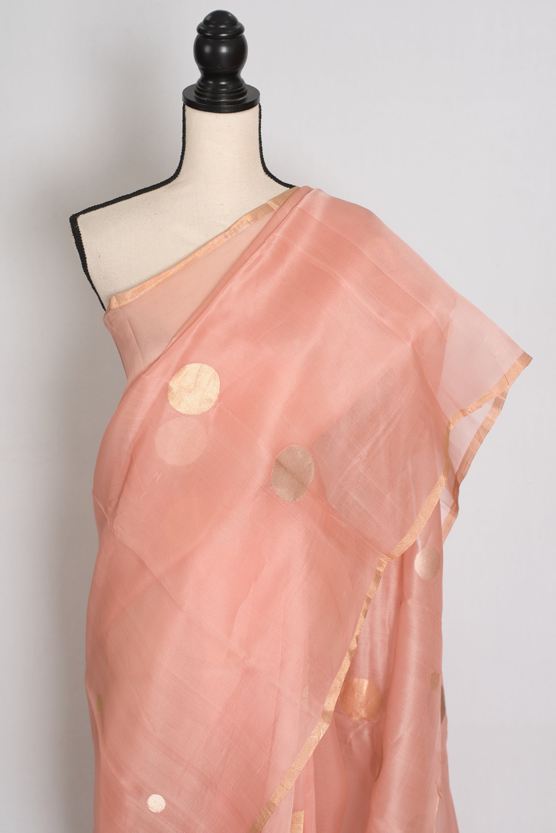 Medha : Peachy Pink Polka Dot Handwoven Kora Banarasi Silk Saree | Silk Mark image 6