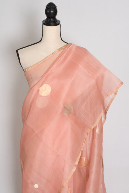 Medha : Peachy Pink Polka Dot Handwoven Kora Banarasi Silk Saree | Silk Mark image 6