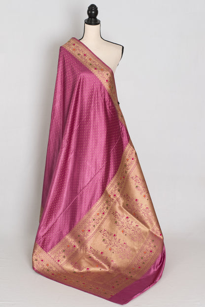 Indrani | Purplish Pink Semi Mashru Banarasi Saree | Pre-Stitched Size 36 Blouse image 3