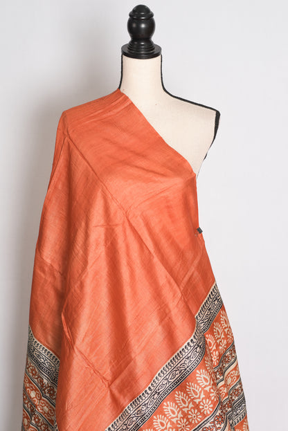 Indu : Orange Block Printed Pure Tussar Silk Saree with 38 Size Blouse image 6