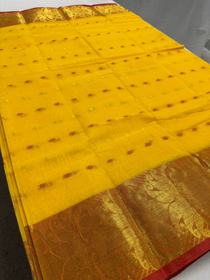 Yellow and Red Tant saree — view