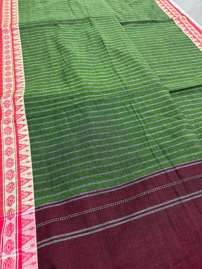 Bina : Heena Green Red Soft Cotton Dhaniakhali Saree image 3