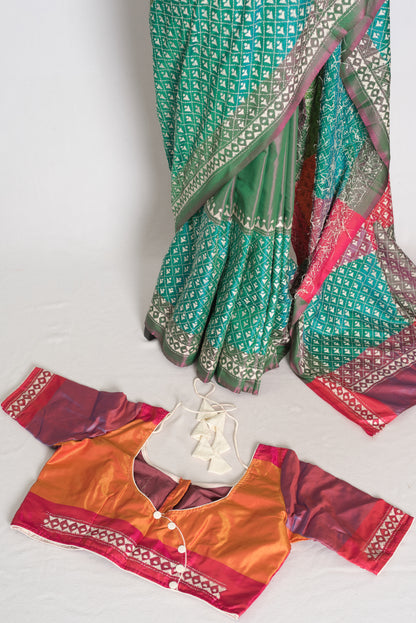 Damini : Green Semi Silk Kantha Embroidery Saree with 42 Size Stitched Blouse image 2