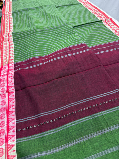 Bina : Heena Green Red Soft Cotton Dhaniakhali Saree image 1