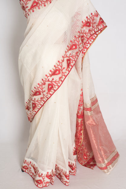 Mandar : Traditional White & Red Blended Kota Silk Jamdani Saree image 5