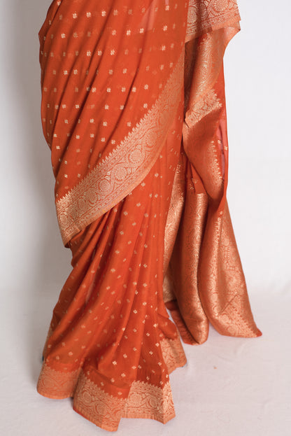 Mahi: Rust Brown Lightweight Semi Georgette Banarasi Saree with 38 Size Blouse image 7