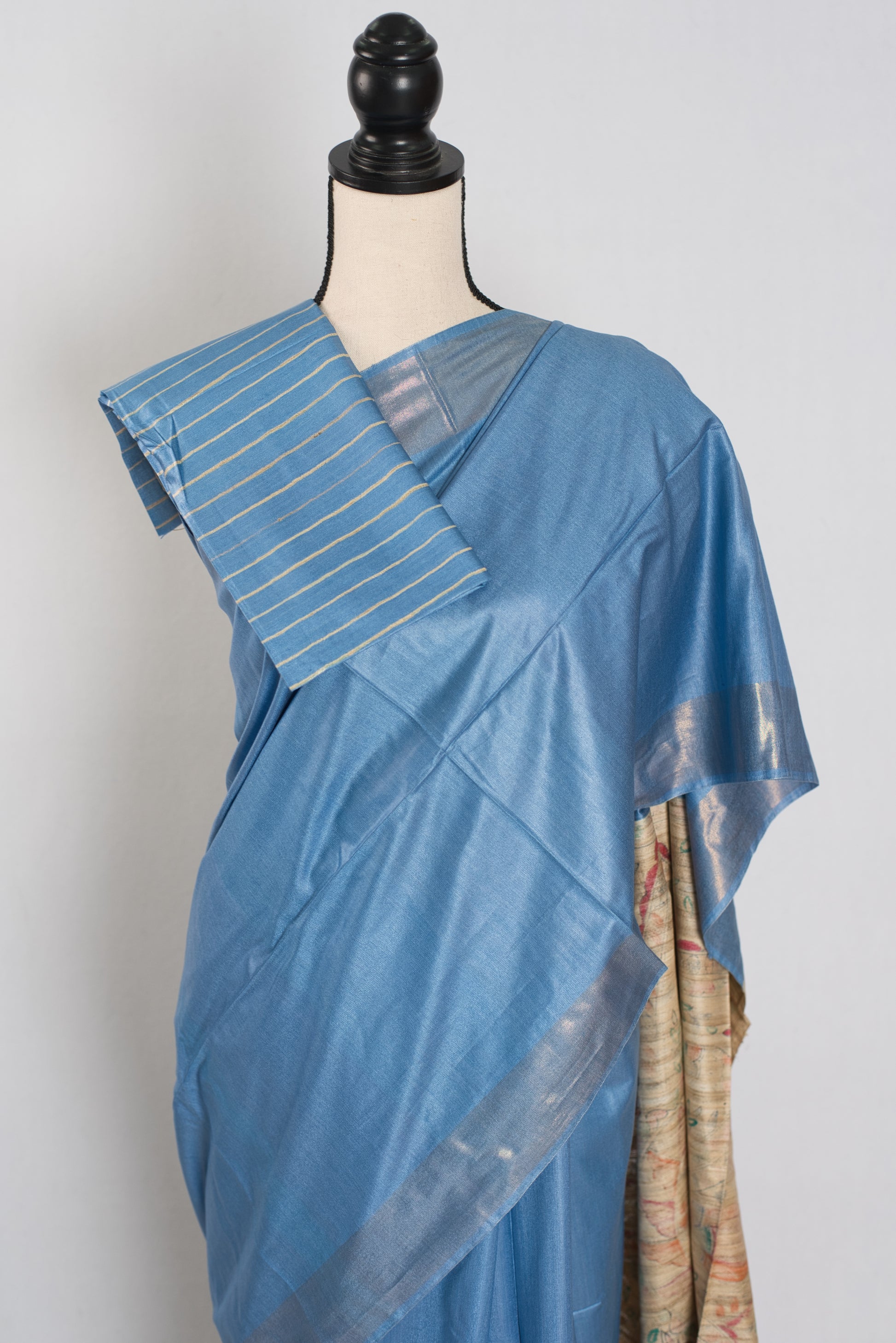Shobha: Contemporary Blue StapleTussar Silk Saree | Hand-Painted Madhubani Pallu image 2