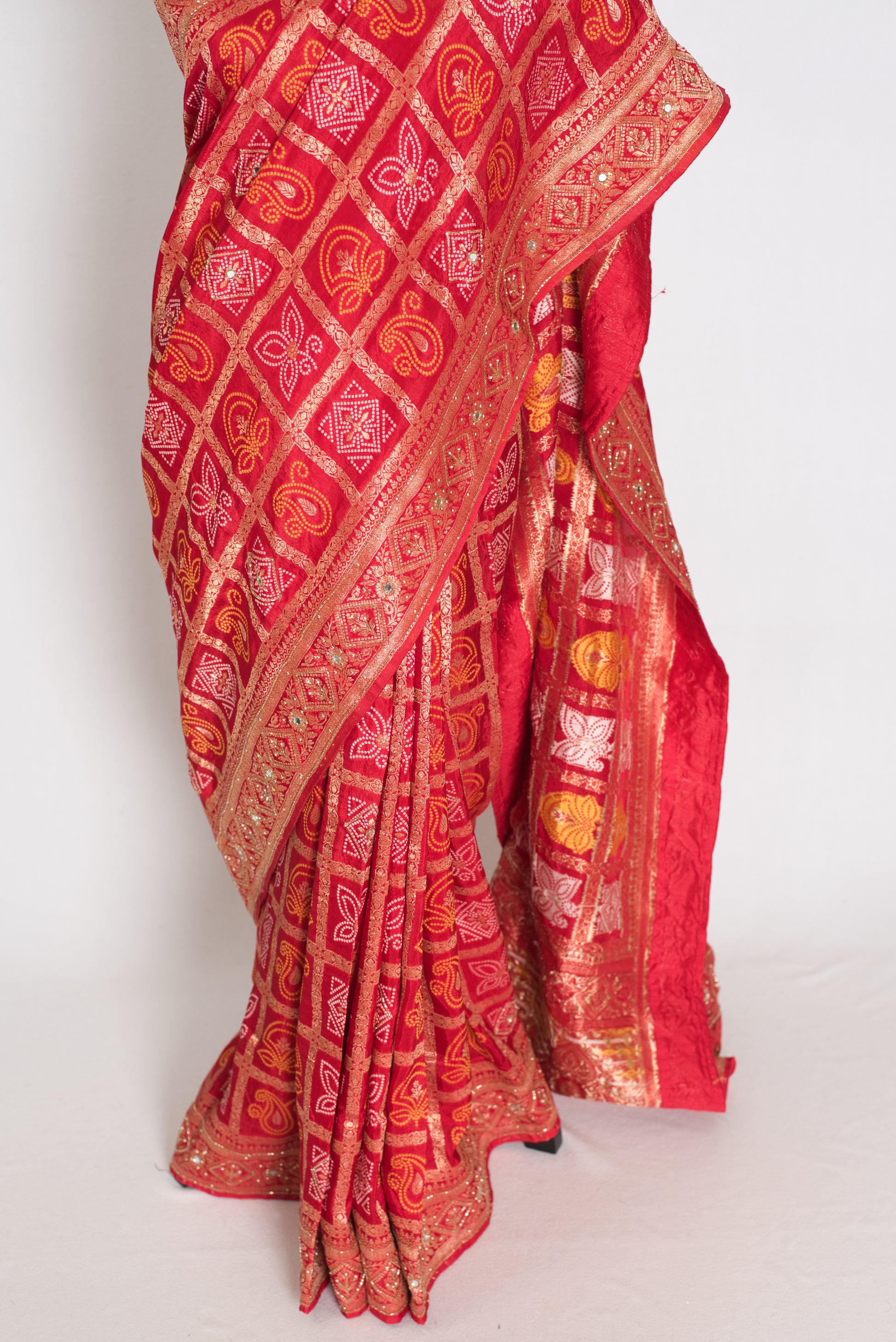 Radha | Red Dola Silk Gharchola Banarasi Saree | Hand-Embroidered Border & Pallu image 5