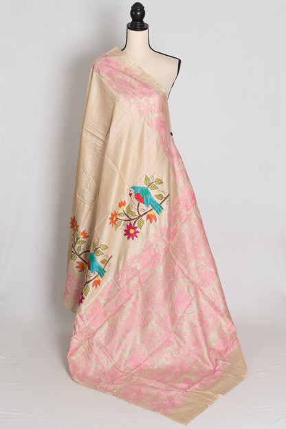 Moi : Premium Gachi Tussar Hand Embroidered Kantha Stitch Saree image 1