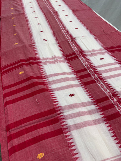 Sohini : White and Red Horizontal Stripes Dhaniakhali Soft Cotton Saree image 3