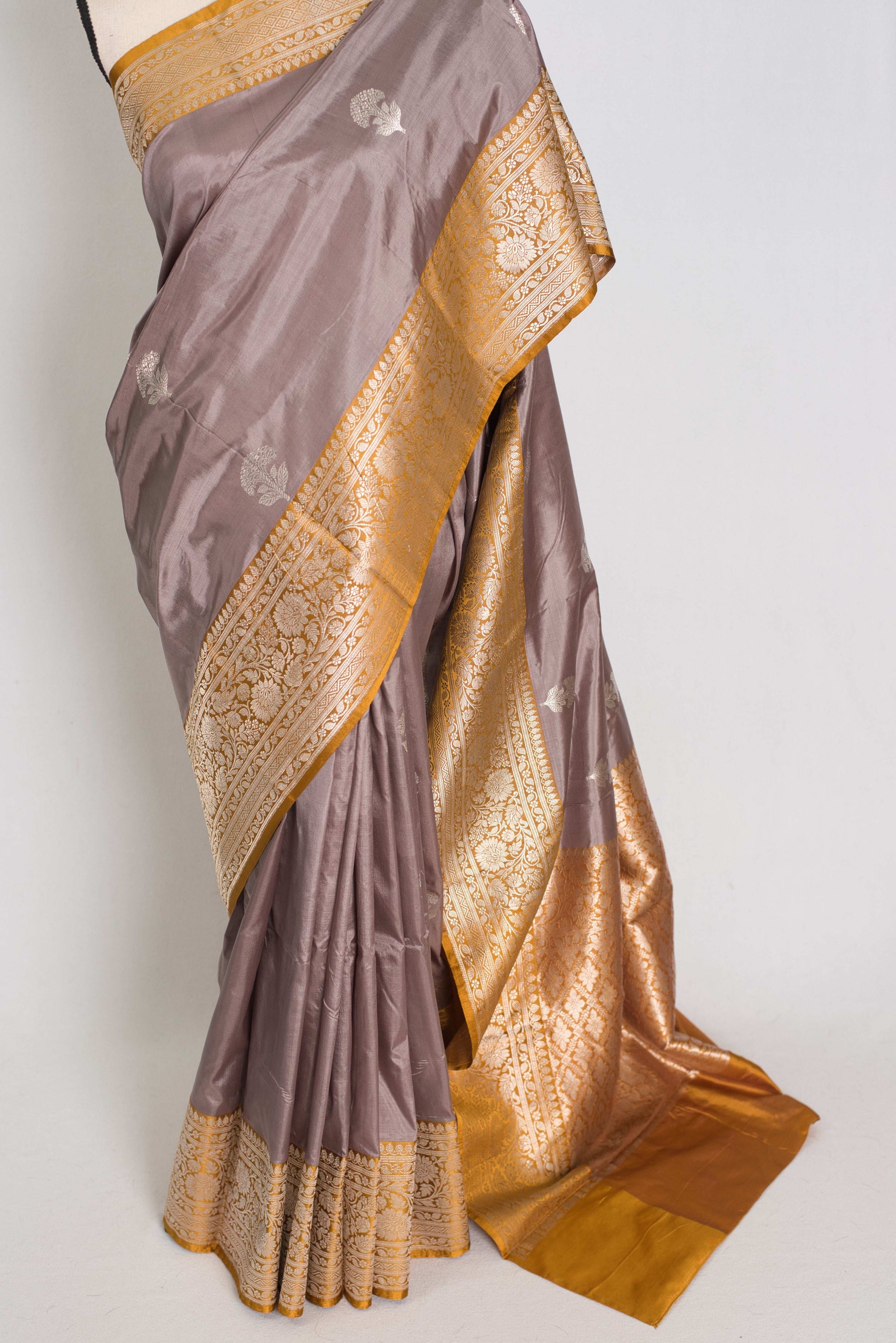 Basuri : Certified Silk Banarasi Saree in English Brown with Silver Zari image 5