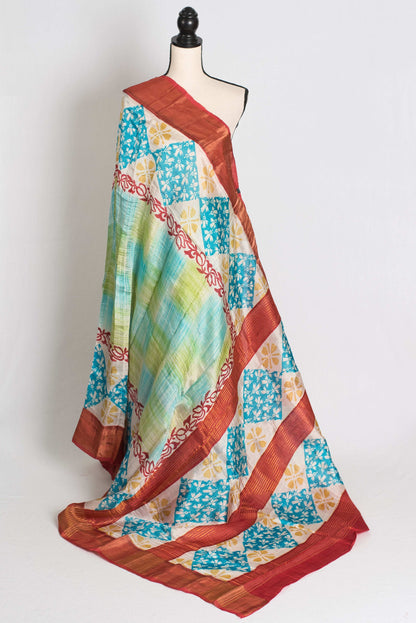 Sri : Hand Block Printed Matka by Tussar Silk Saree in Multi-Color Prints image 1