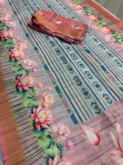 Jissa | Sky Blue & Mauve Ikkat Fusion Semi Tussar Saree image 2