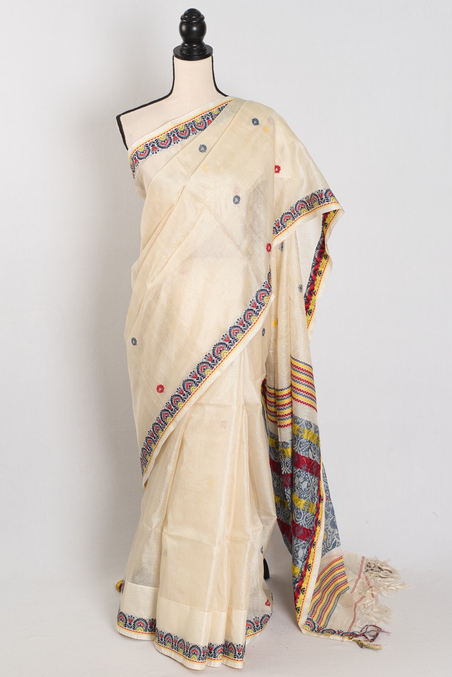 Moni: Cream & Black Bengal Tussar Silk Saree | Small Border Design image 0