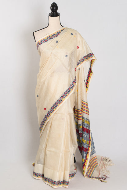 Moni: Cream & Black Bengal Tussar Silk Saree | Small Border Design image 0