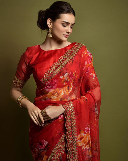 Designer Floral Georgette Partywear Saree in Red.