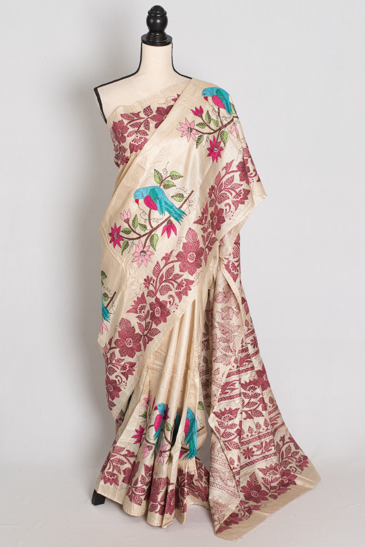 Pritha : Beige and Maroon Hand Embroidered Kantha Stitch Pure Gachi Tussar Saree image 0